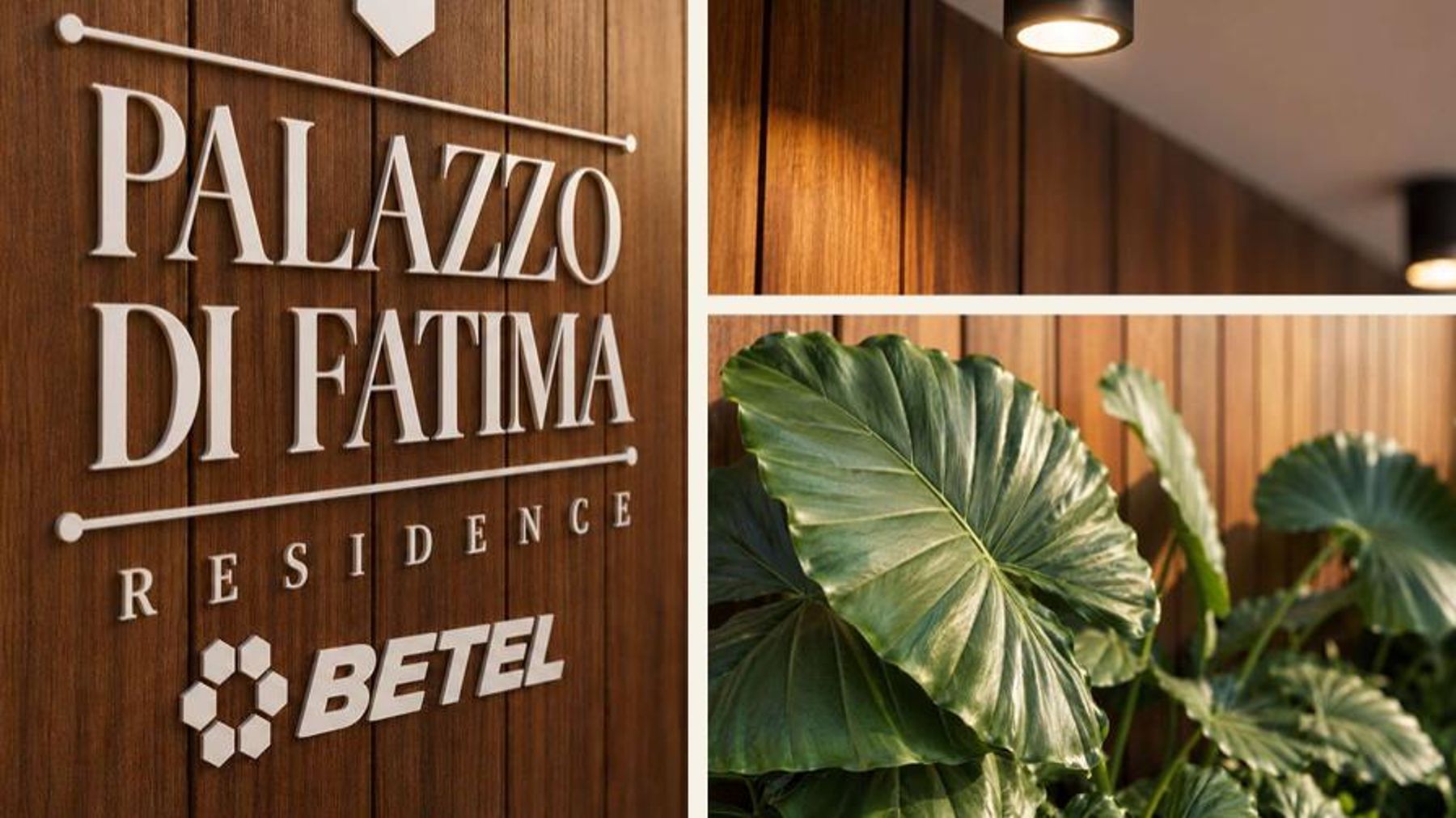 Placa do empreendimento e detalhes em madeira e vegetação