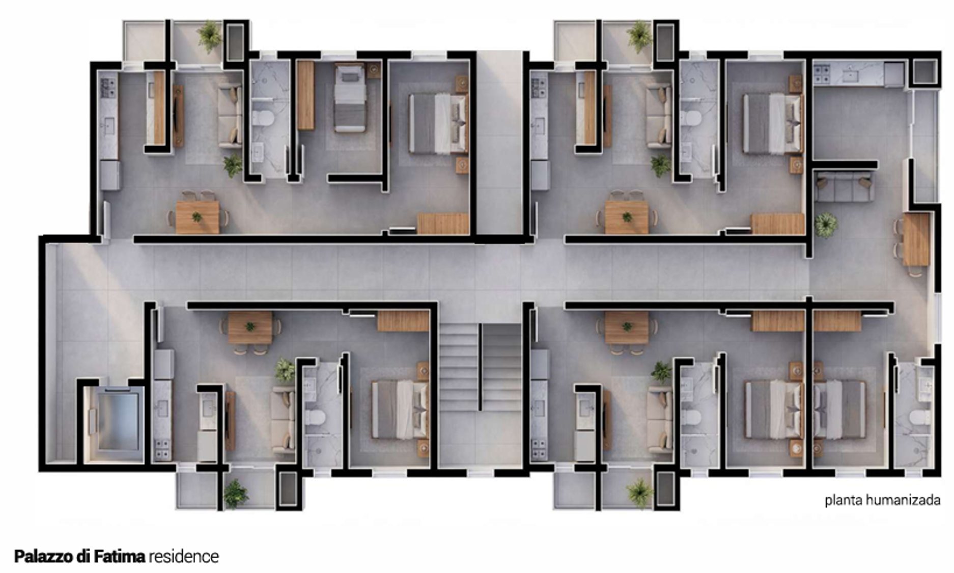 Planta humanizada do Palazzo Di Fatima Residence, com os cinco apartamentos do pavimento