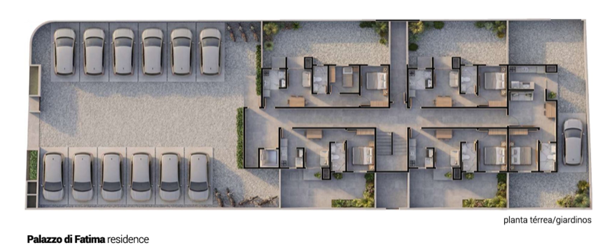 Planta térrea do Palazzo Di Fatima Residence, com vagas opcionais de garagem e giardino das unidades Garten